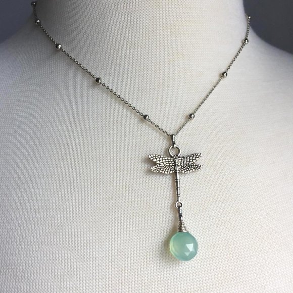 JPeace Designs Jewelry - Silver Dragonfly Charm Necklace —  Aqua Gemstone